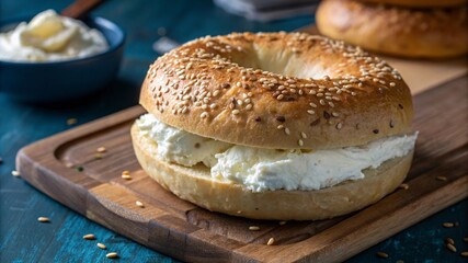 Golden Bagel with Creamy Filling & Sesame Seeds on Wooden Board V1