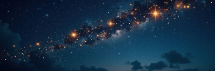 Naklejka premium Golden starlight suspended in the darkness of a midnight sky, shining, glow, constellation