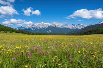 Fototapeta premium A vibrant meadow filled with colorful wildflowers, set against majestic snow-capped mountains under a clear blue sky.