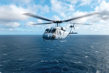 A helicopter gracefully soars over the vast ocean, accompanied by a brilliant blue sky dotted with fluffy white clouds under the bright daylight