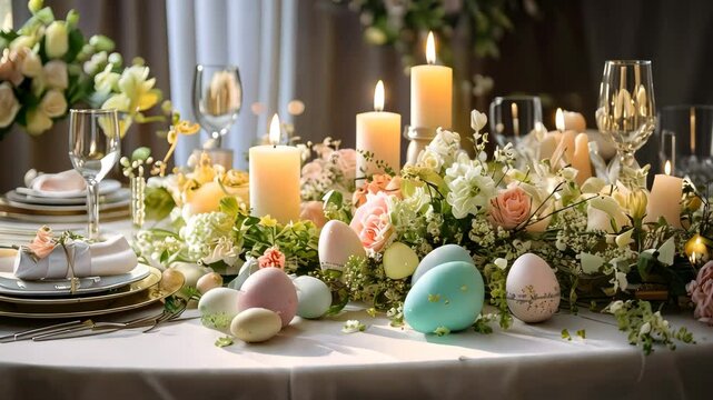 Soft Pastel Easter Dinner Table with Floral Centerpiece and Warm Glow