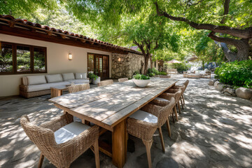 Fototapeta premium Outdoor dining area featuring a rustic table surrounded by greenery in a tranquil setting