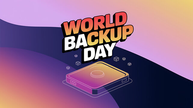 World Backup Day graphic featuring a stylized data storage device floating cubes and a vibrant gradient background.