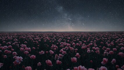 Fototapeta premium Pink tulips bloom in a colorful spring field landscape under the night sky