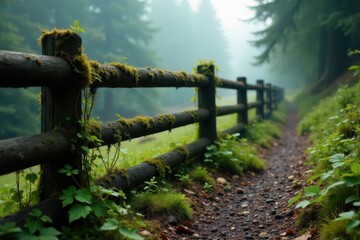 Fototapeta premium Old wooden fence overgrown with vines and moss in a misty fir forest landscape, wildlife, rustic