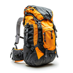 Durable orange and gray hiking backpack with multiple compartments straps and adjustable features isolated on a clean white background.