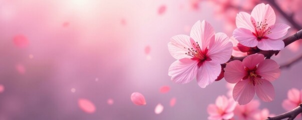 Soft pink sakura petals float gently in a serene mist background, delicate, nature, soft focus