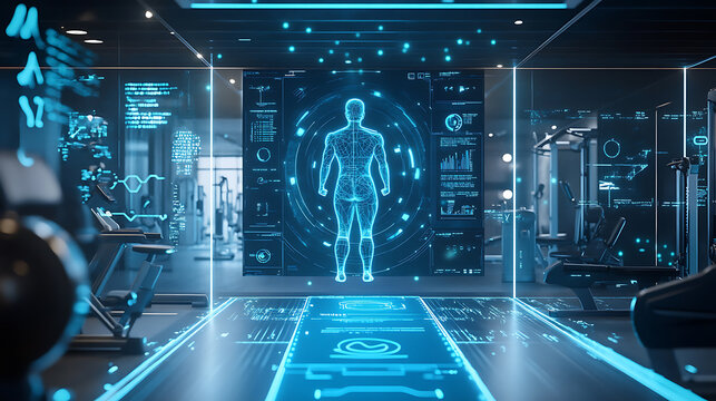 An AI powered system enhancing personalized fitness training by analyzing real time biometric data and workout intensity, futuristic AI-driven fitness platform, Health and fitness technology style