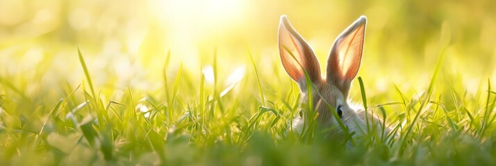 A funny Easter bunny with long ears sitting in the grass