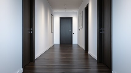 Fototapeta premium Elegant corridor with dark door and natural light in a modern interior