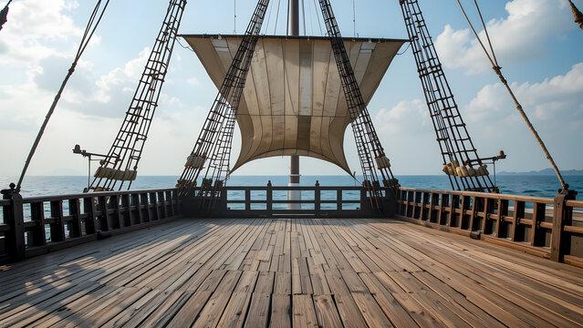 Empty Pirate Ship Deck with Sail on Open Sea