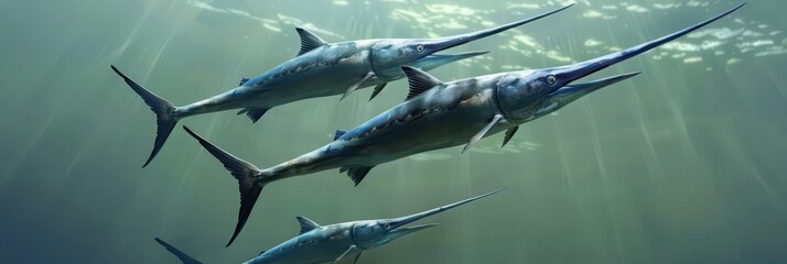 Celebrating aquatic life on World fish migration day with swordfish underwater scene. Horizontal banner. Copy space. World Wildlife Day