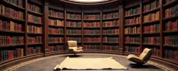Round bookshelf in a modern library with books and scrolls, library, decor, round bookshelf