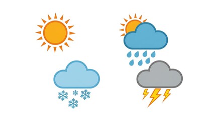 Fototapeta premium Flat design weather icons set with sun, rain, snow, and storm variations