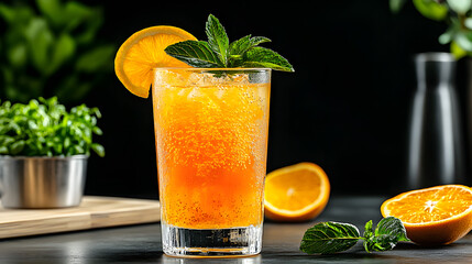 Fototapeta premium Refreshing Citrus Sparkler with Mint Garnish on Dark Background
