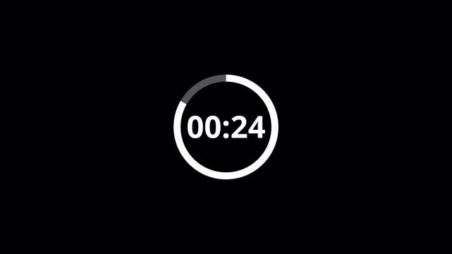 30 second countdown timer animation from 30 to 0 on a transparent background, countdown timer with alpha channel in 4k. 	