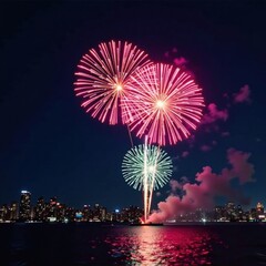 Vibrant explosion of colorful fireworks in mid-air over a cityscape at night, fireworks, nighttime, bright colors