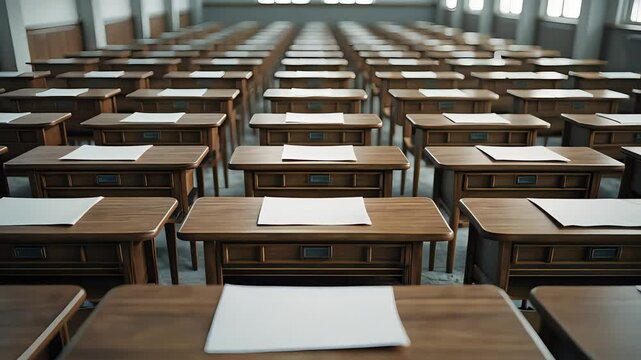 Empty wooden desks arranged in symmetrical rows with blank sheets of paper in a bright classroom setting under natural window light

