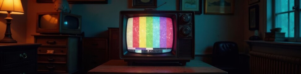 Vintage TV screen with static noise and old CRT glow in a dusty antique electronics room, retro decor, vintage tv