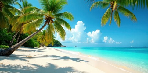 Warm sandy beach with swaying palm trees and turquoise water, tropical, ocean