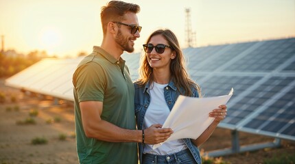 Fototapeta premium Young Couple Planning Solar Installation – Sustainable Living and Innovation