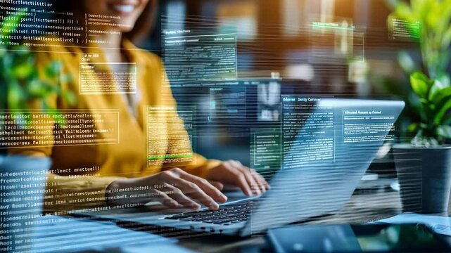 Digital Architect at Work: An expert coder, illuminated by the glowing screen of her laptop, meticulously crafts lines of code, symbolizing the dynamic power of technology and innovation. 