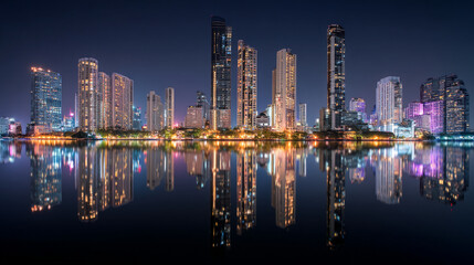 Night cityscape with illuminated skyscrapers reflected in dark water creating a mirror effect