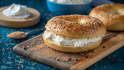 Golden Bagel with Creamy Filling & Sesame Seeds on Wooden Board V3