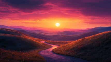 Fototapeta premium Majestic Sunset Over Rolling Hills and Winding Road