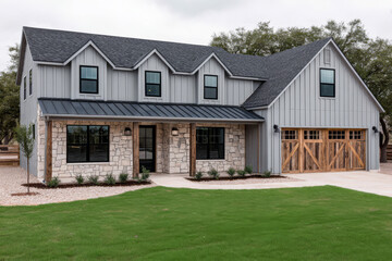 Obraz premium Modern farmhouse design with stone and metal accents in a suburban neighborhood