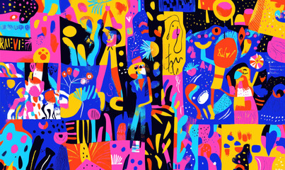 Obraz premium Vibrant Carnival Celebration: Colorful Patchwork of Joyful Festival Characters