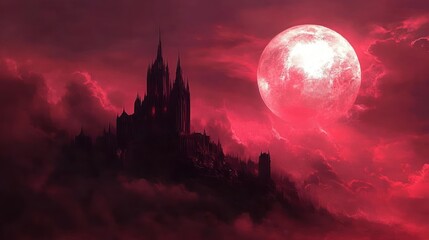 Dark castle on a blood-red moonlit night