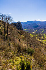 Ruins of the Cathar fortress of Roquefixade, located on a limestone spur above the village