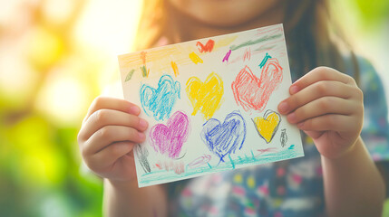 Child holding a colorful handmade card with hearts, symbolizing love, gratitude, and emotional expression, especially for caregivers and healthcare workers.