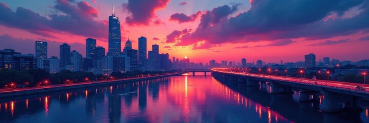 Architectural illustration of cityscape at dusk with intricate lines and details, skyline, geometric shapes, blue hour