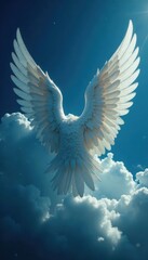 Angelic wings with intricate details on a dark blue sky, misty, angels