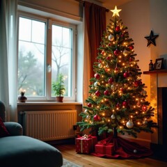 Christmas tree in cozy living room with twinkling lights and colorful decorations, Holiday, Decor