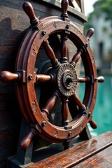 Fototapeta premium Weathered wooden ship wheel , boat parts, vintage nautical elements