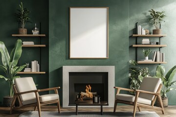Blank poster mockup on green wall above fireplace, cozy living room, 3D.