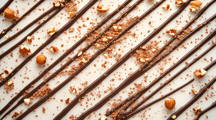 Delicious chocolate drizzles on white dessert with hazelnut pieces