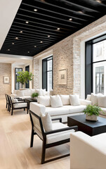 Fototapeta premium Modern lounge with contemporary decor and natural light in urban setting