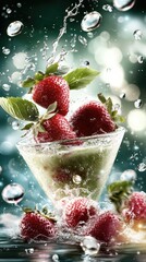Fresh strawberries splash in a refreshing green beverage with droplets caught in mid-air against a blurred background