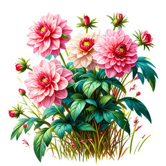 Obraz premium a vintage botanical illustration depicts a lush bouquet of pink and cream dahlia flowers with detailed foliage and budding blooms against a plain white background.