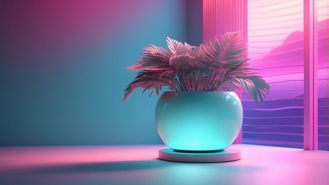 3d rendering of a plant in a vase on a table in front of, soft neon atmosphere