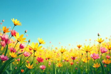 Obraz premium Yellow and pink flowers blooming in a field with a blue sky gradient, garden, beautiful