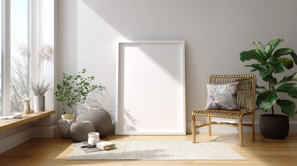 Bright interior with blank frame, plants, chair, and natural light creating a peaceful atmosphere