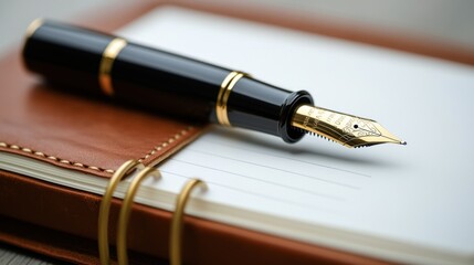 Gold Nib Pen on Leather Notebook