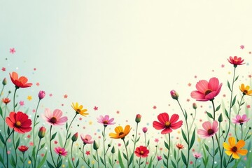 Fototapeta premium Scattered wildflowers, delicate lines, light color palette, minimal, decor, graphic