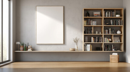 Fototapeta premium A bright living room with a blank canvas, bookshelf, and wooden floor in a modern style home decor