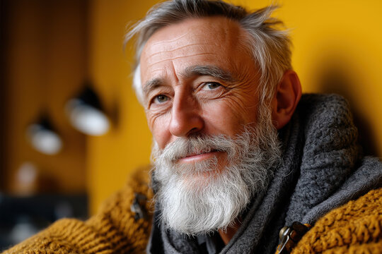 Portrait chaleureux d&rsquo;un homme senior barbu aux cheveux gris, portant un pull en laine et un sourire bienveillant sur fond jaune